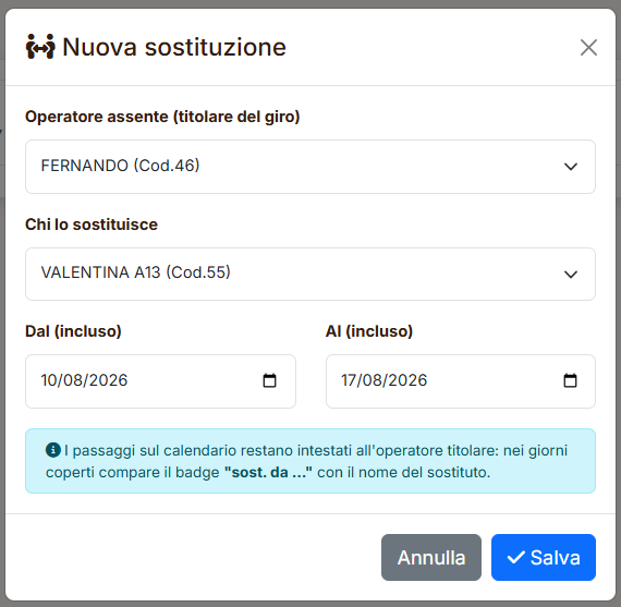 Finestra Nuova sostituzione con titolare, sostituto e periodo