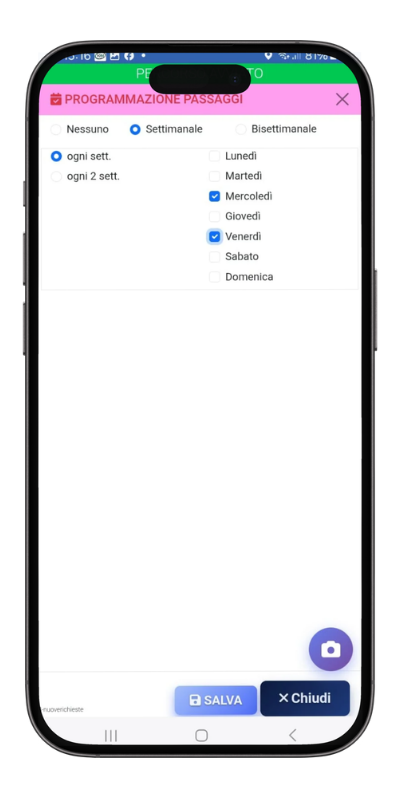 Finestra Programmazione Passaggi con frequenza e giorni della settimana