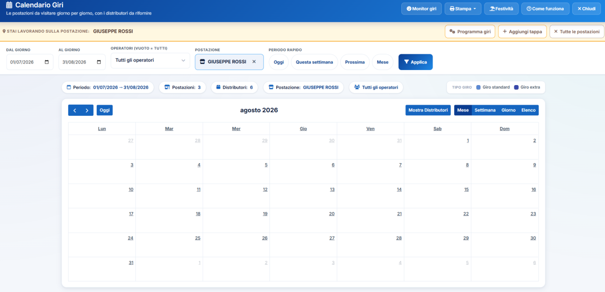 Calendario Giri con programmazione mensile della postazione