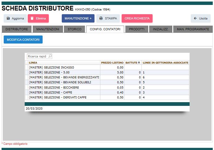 Facsimile configurazione contatori e linee prezzo su scheda DISTRIBUTORE