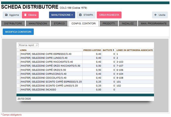 Facsimile configurazione contatori e linee prezzo su scheda DISTRIBUTORE