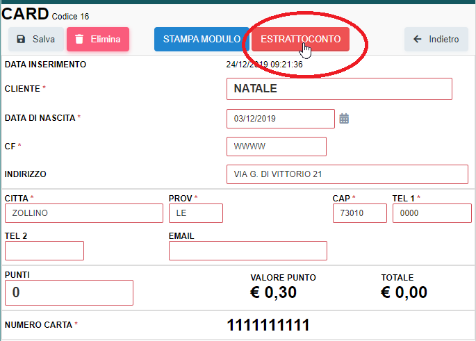 Visualizzazione estratto conto punti FIDELITY CARD