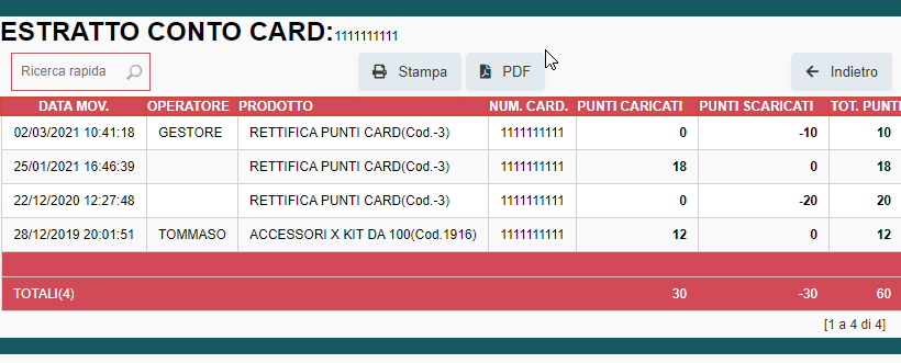 Visualizzazione estratto conto punti FIDELITY CARD