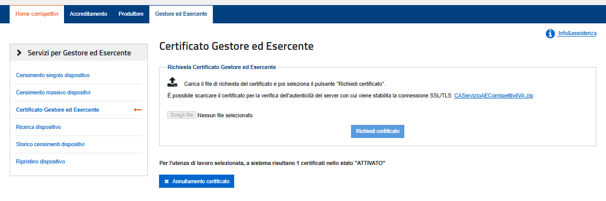Creazione certificato gestore