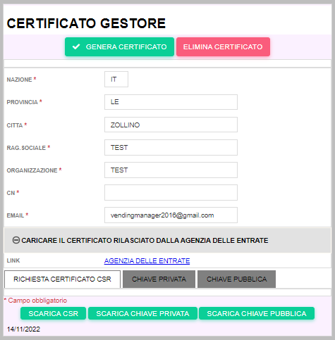 Creazione certificato gestore