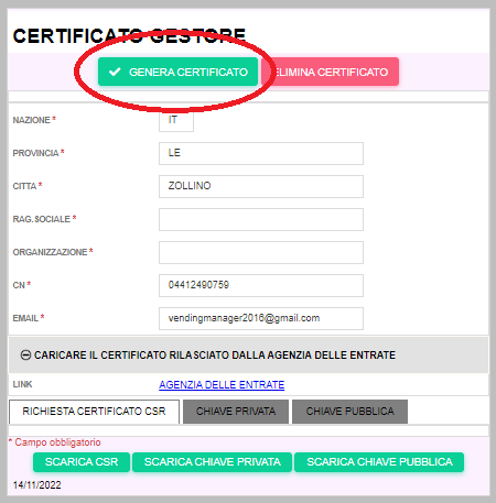 Creazione certificato gestore