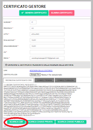 Creazione certificato gestore