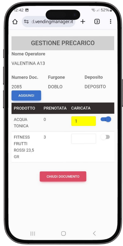 precarico_magazz_app Prenotazione carico (PREKITTING) furgone da Vending App
