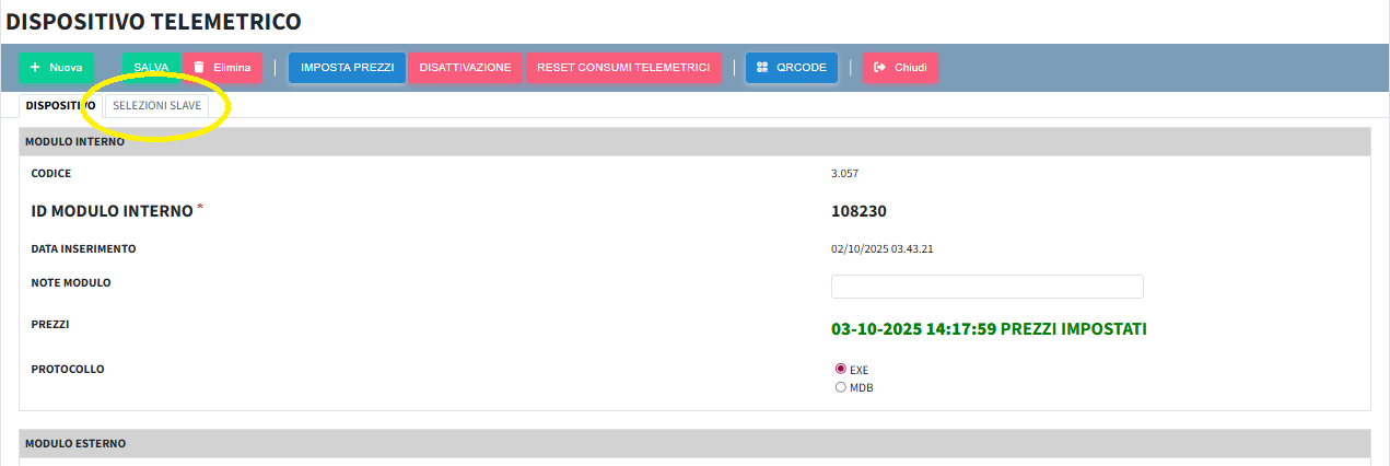 sl1 Configurazione selezioni Slave su Dispositivo Telemetrico