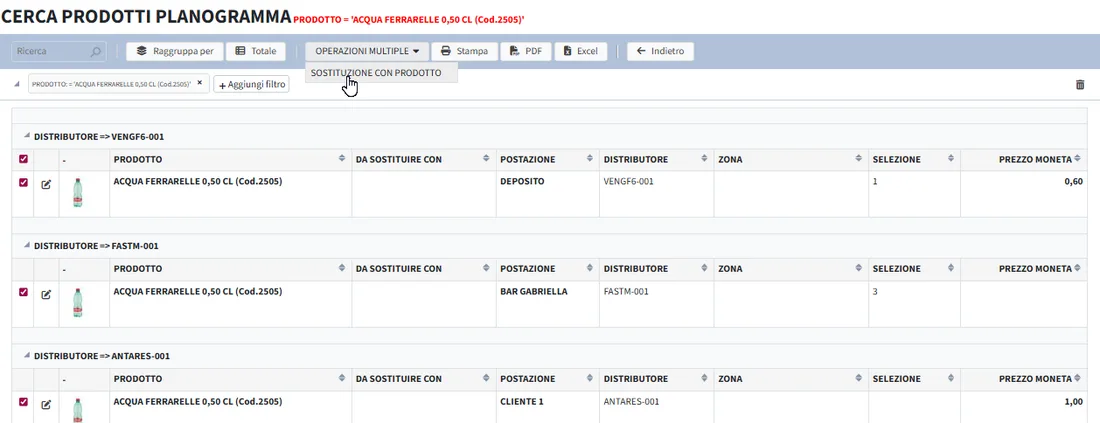 Cerca prodotti planogramma: elenco selezioni e funzione sostituzione con prodotto in Vending Manager